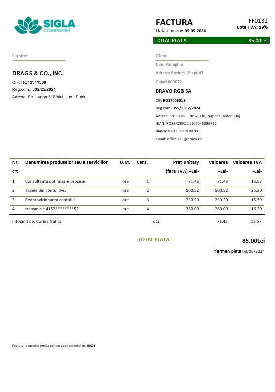 Romania SIGLA COMPANIEI business utility bill template in Word and PDF formats